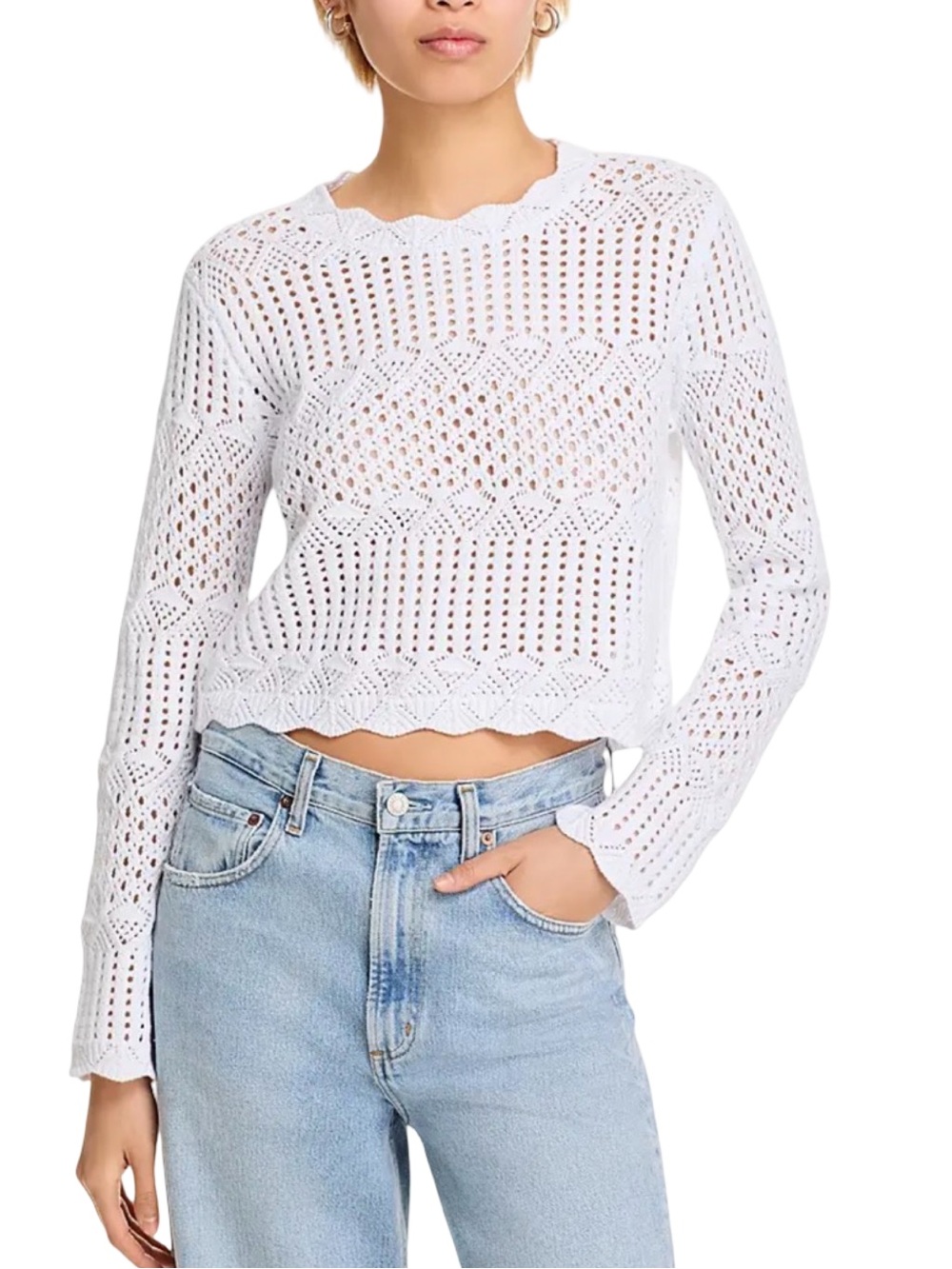 Aqua Crochet Scallop Edge Sweater Knit Long-Sleeve Top - White - Size XL